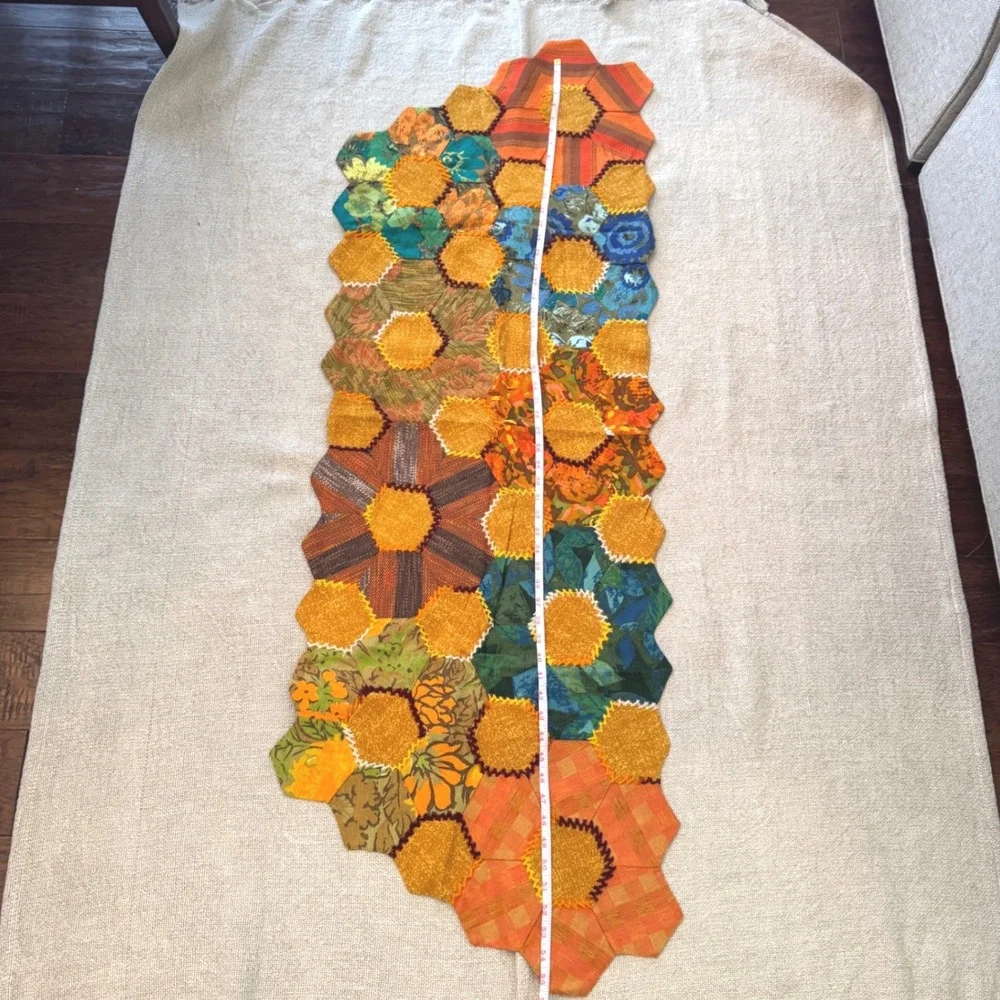Vintage Handmade Patchwork Hexagon Table Runner Boho Cottagecore. 70s-80s
